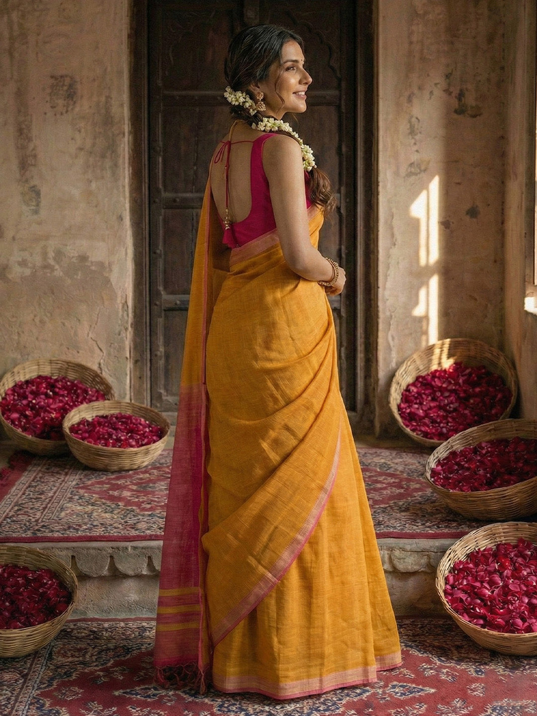 Anaita Yellow Cotton Printed Saree With Blouse - Distacart