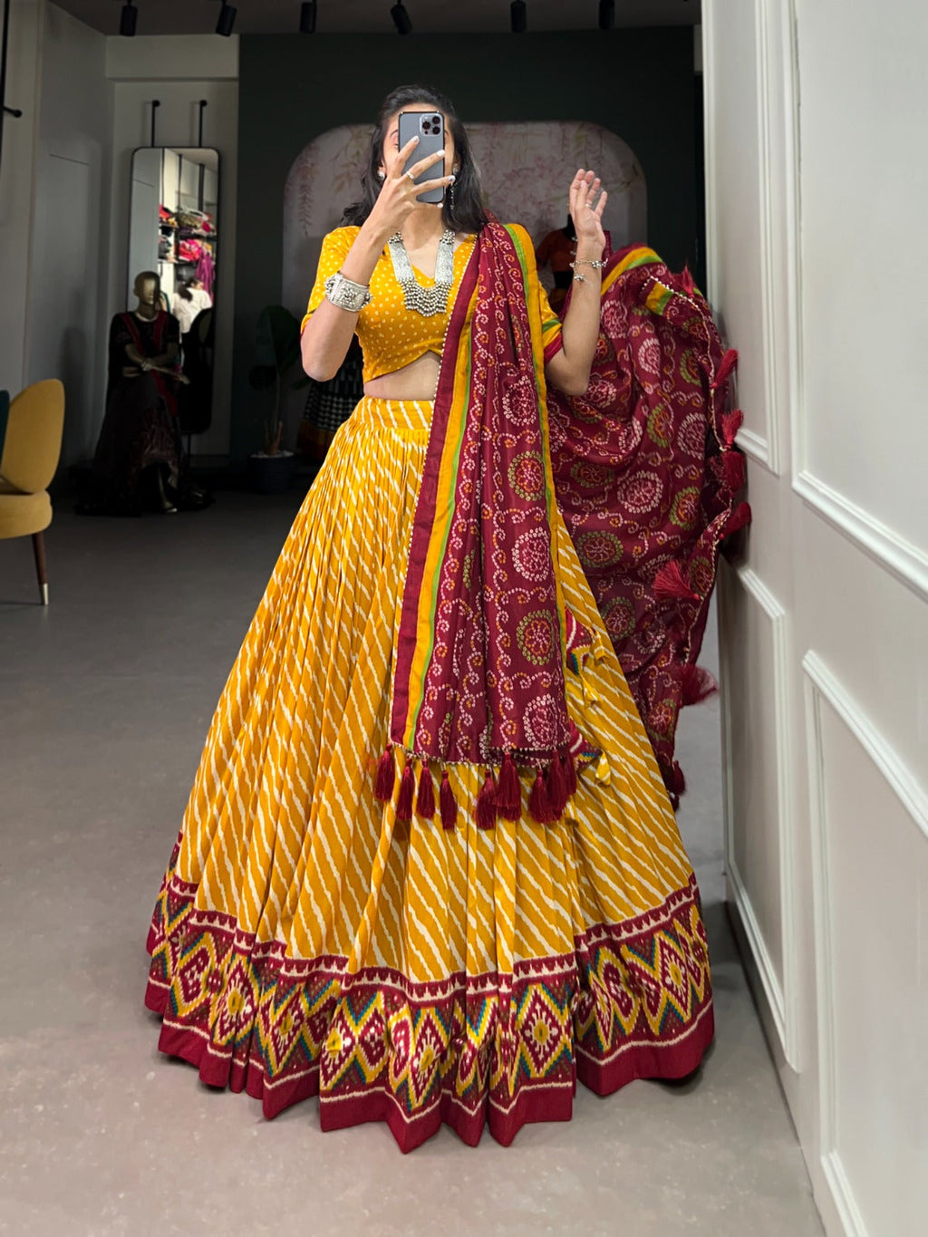 Lorenvalley Yellow Tussar Silk Lehenga Leheriya Patola Print Border With Choli Bandhej Print With Bandhej Print Gotta Patti Lace Border Dupatta