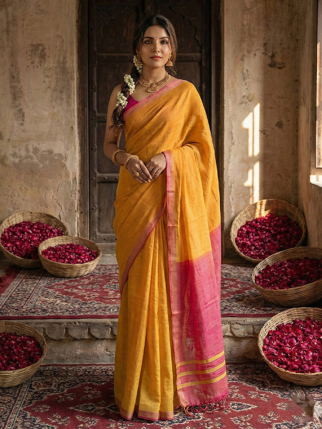 Anaita Yellow Cotton Printed Saree With Blouse - Distacart