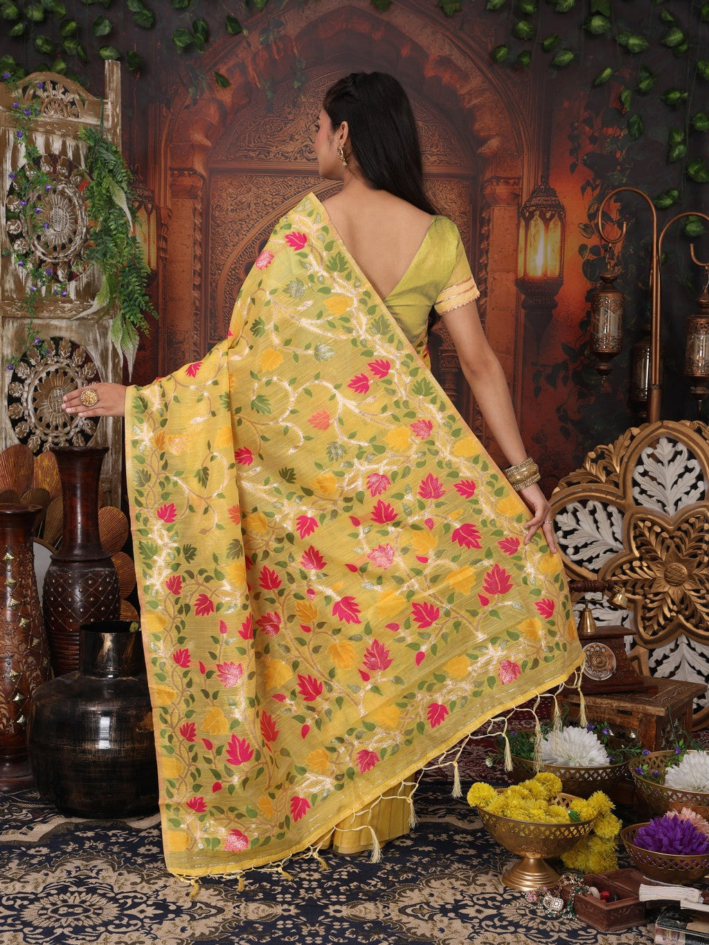 Anaita Yellow Linen Printed Saree With Blouse - Distacart