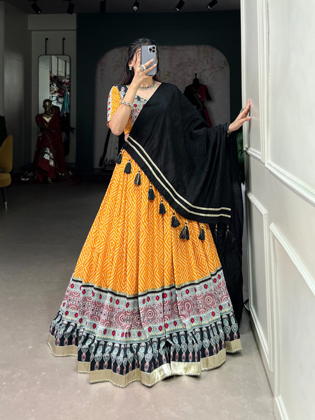 Lorenvalley Yellow Rayon with Bandhej And Ajarakh Print With Embossed Design Gota Lace Touch up Lehenga Choli