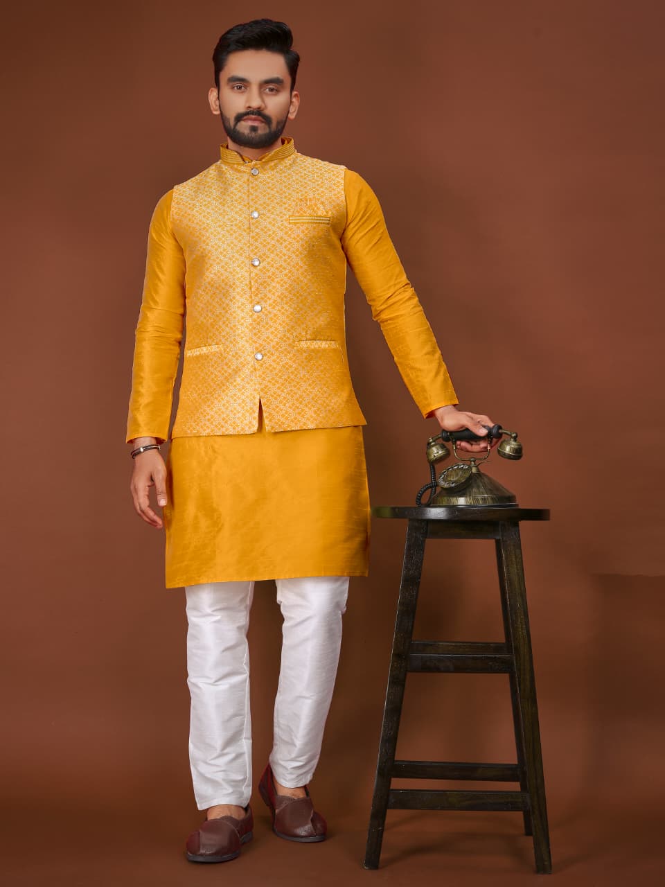Anaita Yellow Jacquard Silk Straight Kurta With Koti & Pajama