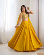 Lorenvalley Yellow Faux Georgette Stitched Lehenga Embroidery Blouse with Dupatta