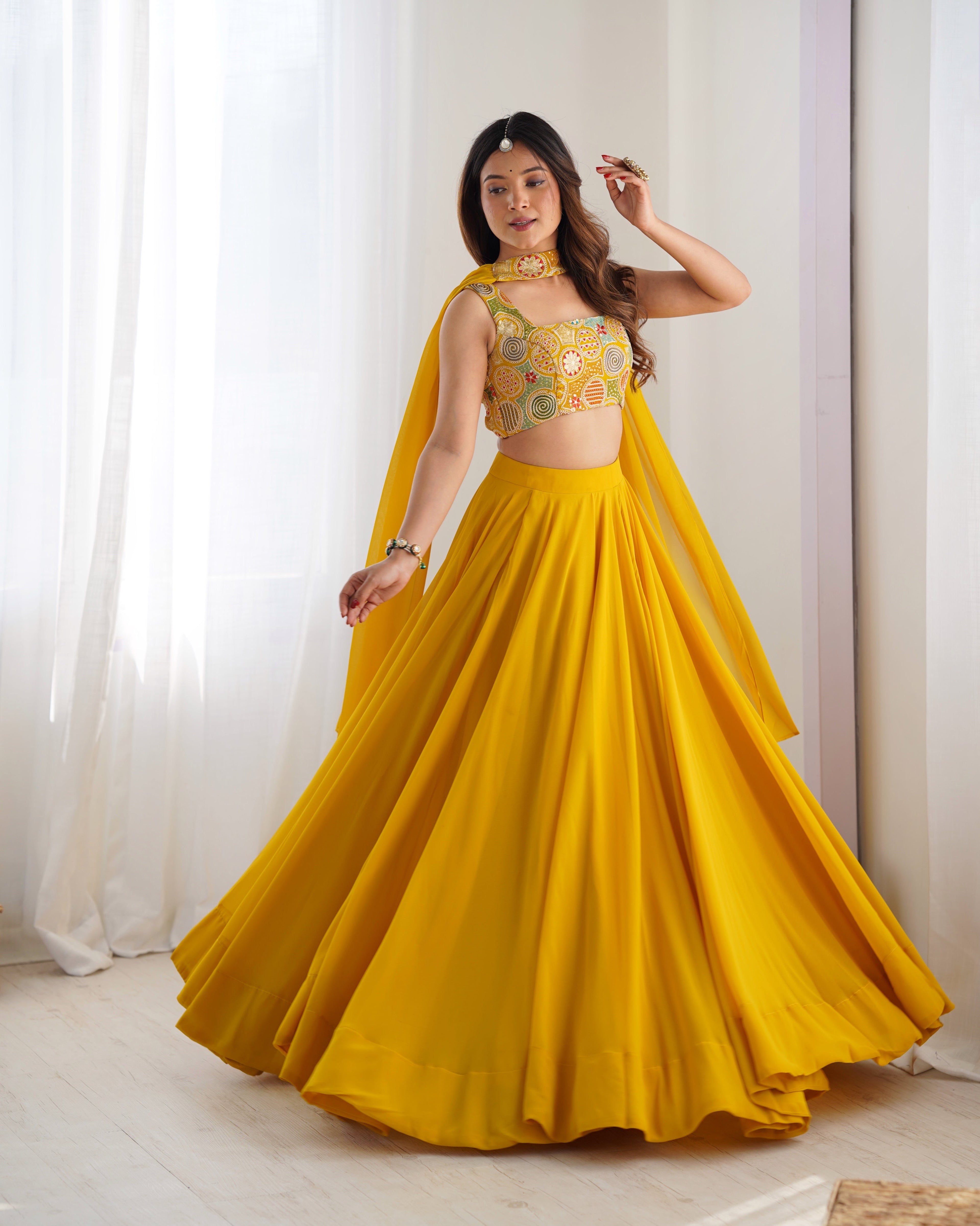 Lorenvalley Yellow Faux Georgette Stitched Lehenga Embroidery Blouse with Dupatta