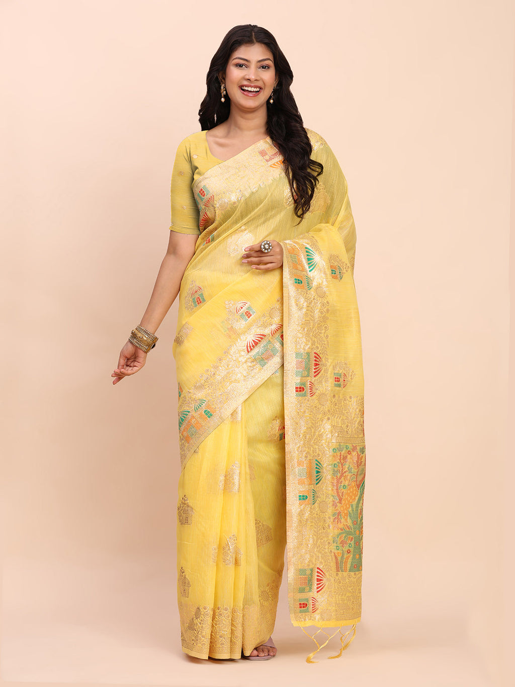 Anaita Yellow Linen Woven Work Saree With Blouse - Distacart