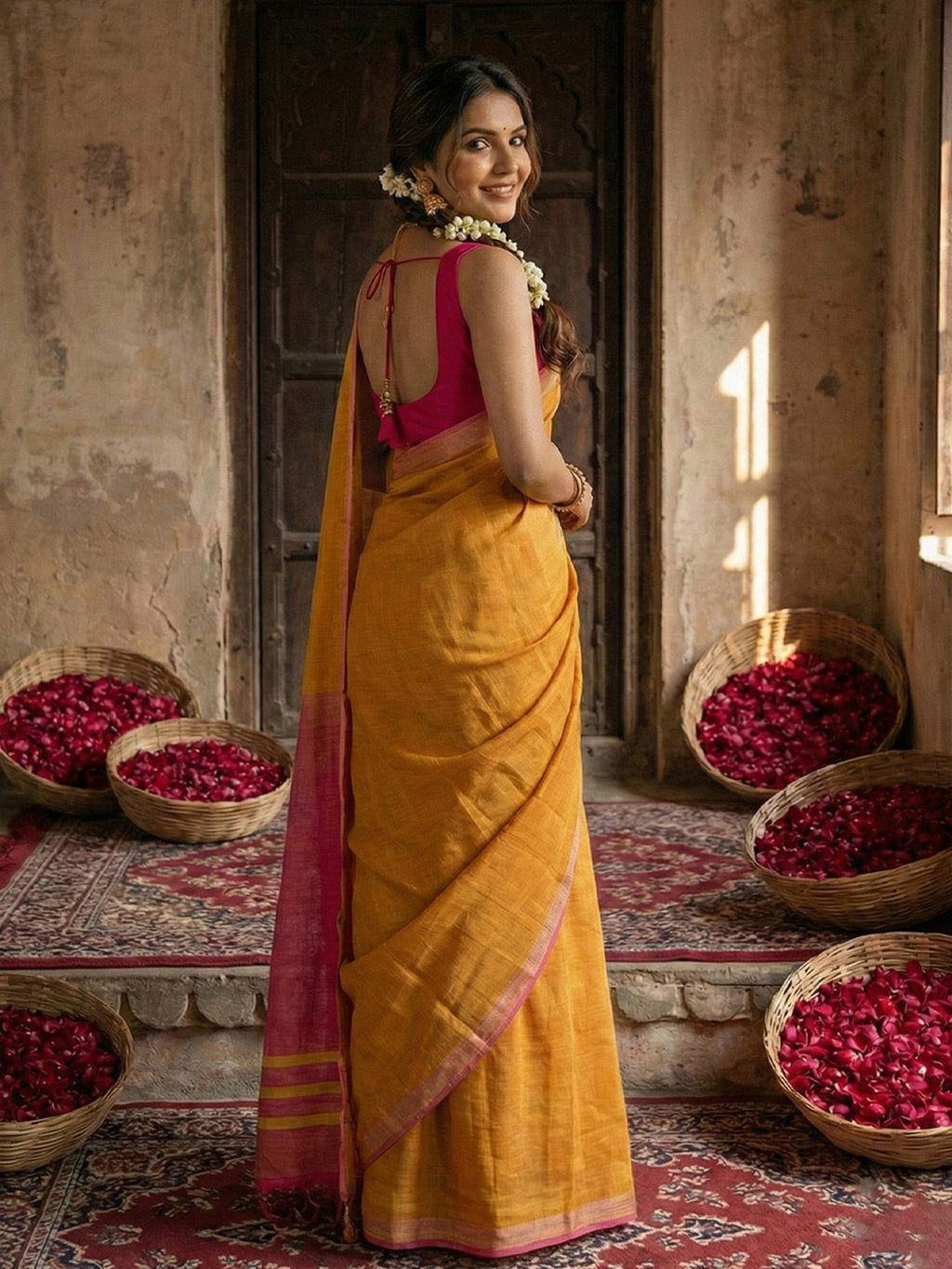 Anaita Yellow Cotton Printed Saree With Blouse - Distacart
