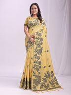 Anaita Yellow Linen Printed Saree With Blouse - Distacart