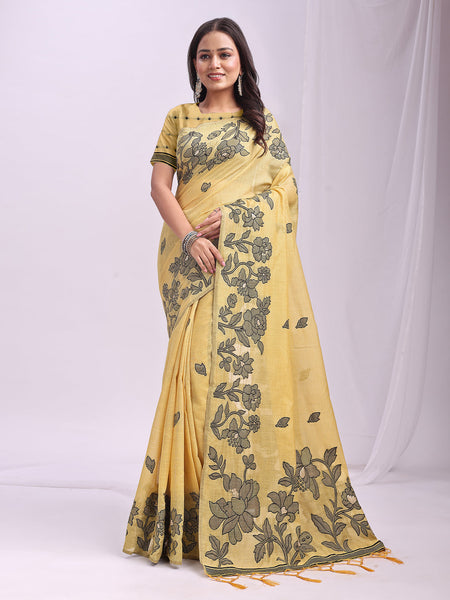Anaita Yellow Linen Printed Saree With Blouse