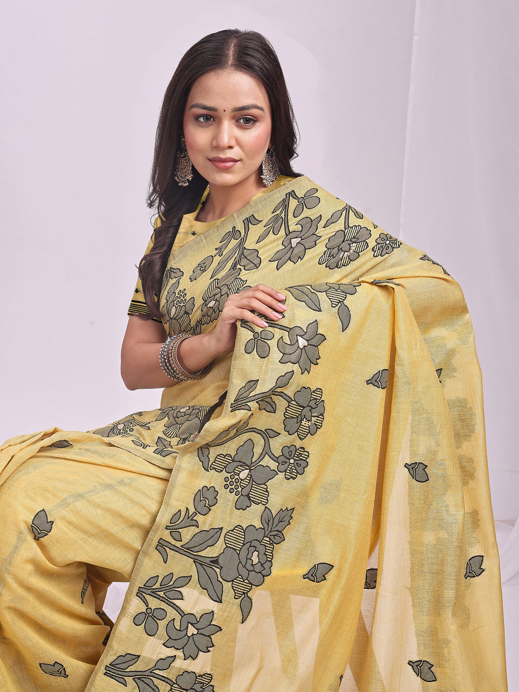Anaita Yellow Linen Printed Saree With Blouse - Distacart