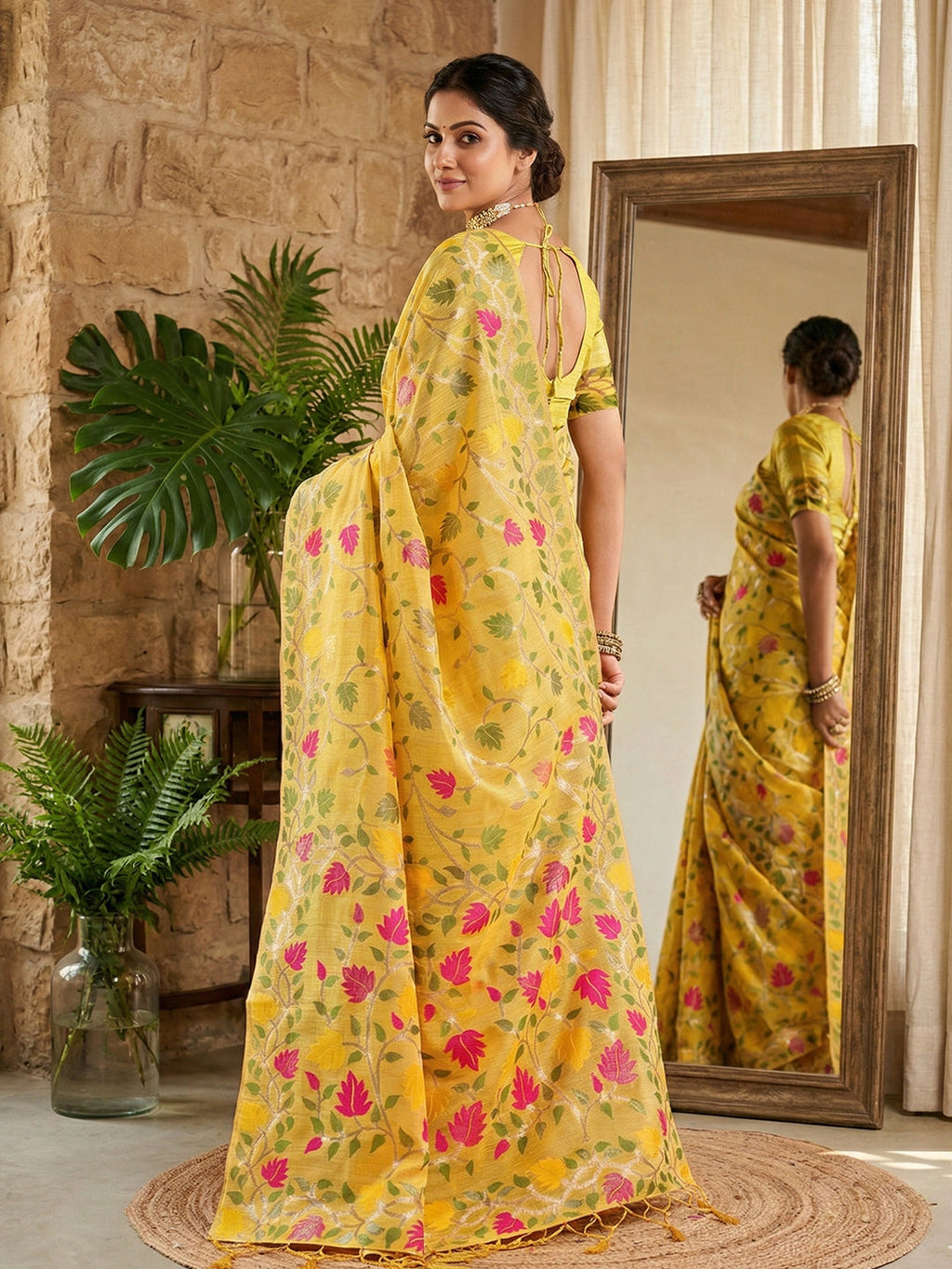 Anaita Yellow Linen Woven Work Saree With Blouse - Distacart