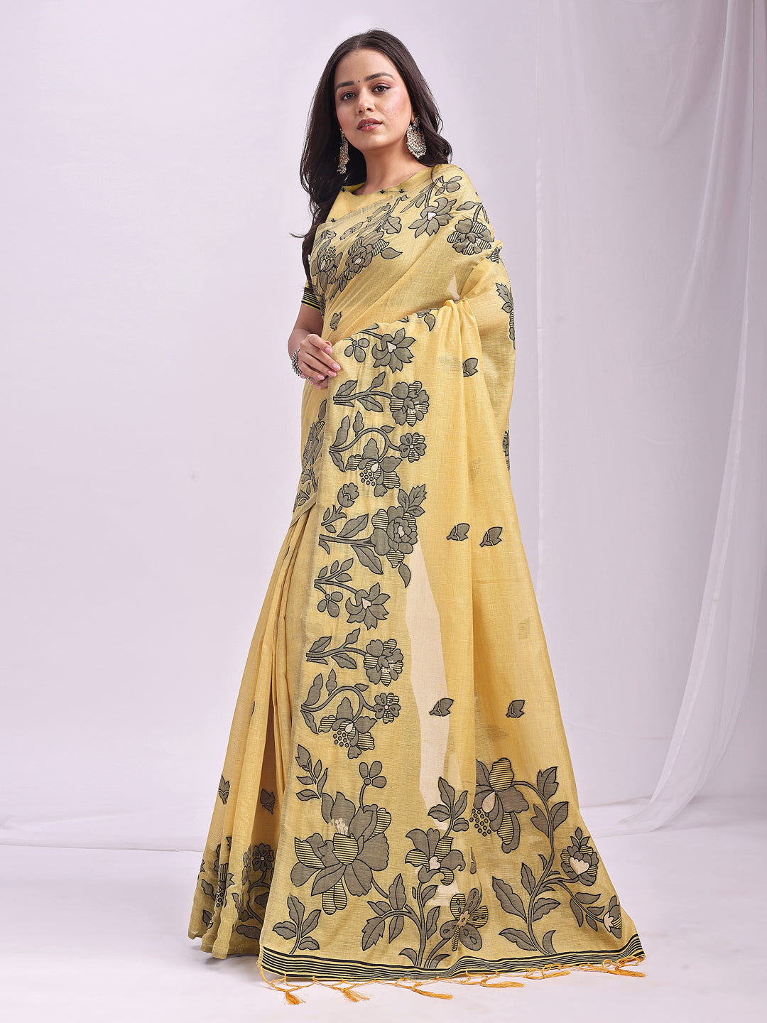 Anaita Yellow Linen Printed Saree With Blouse - Distacart
