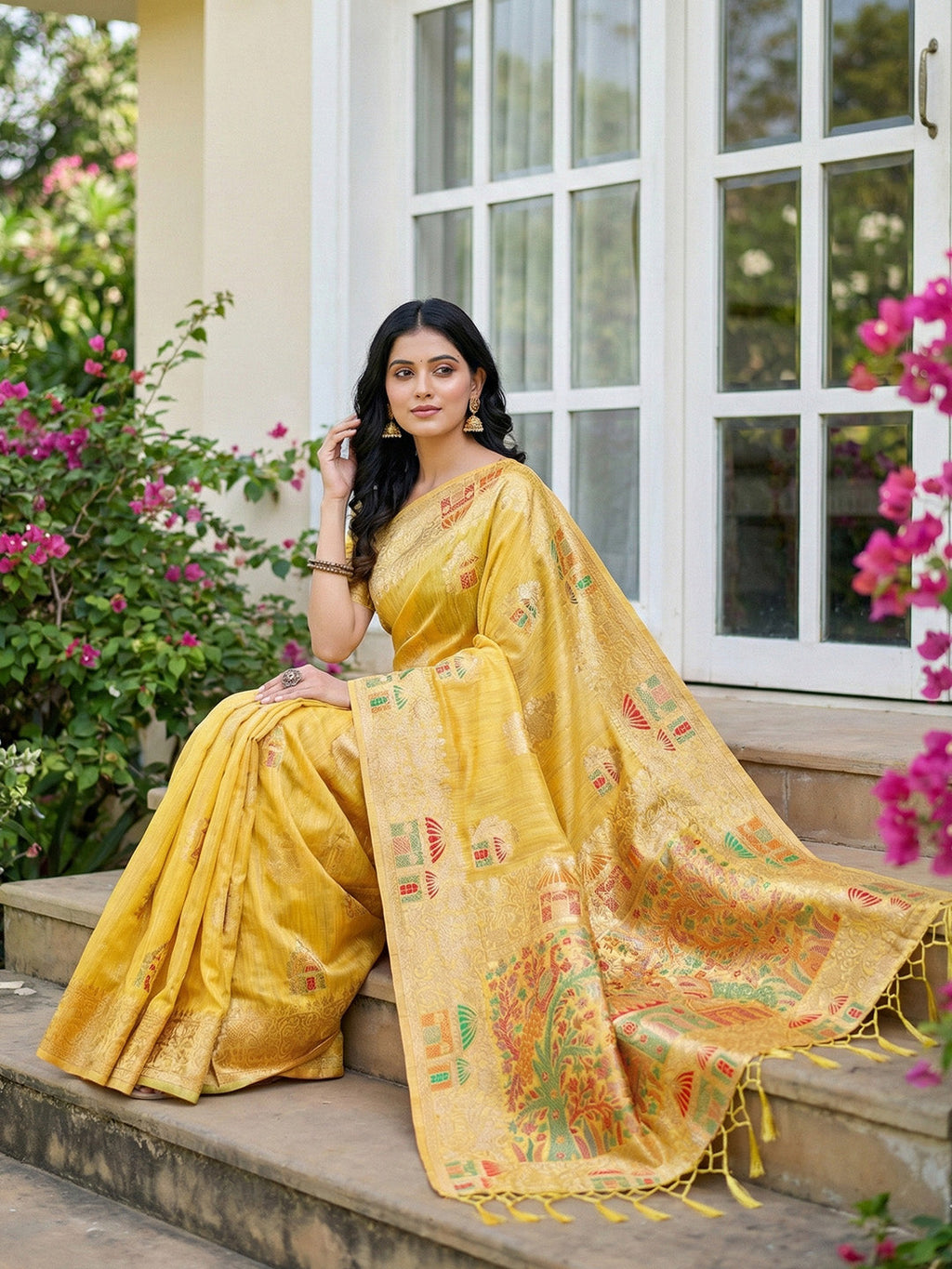 Anaita Yellow Linen Woven Work Saree With Blouse - Distacart