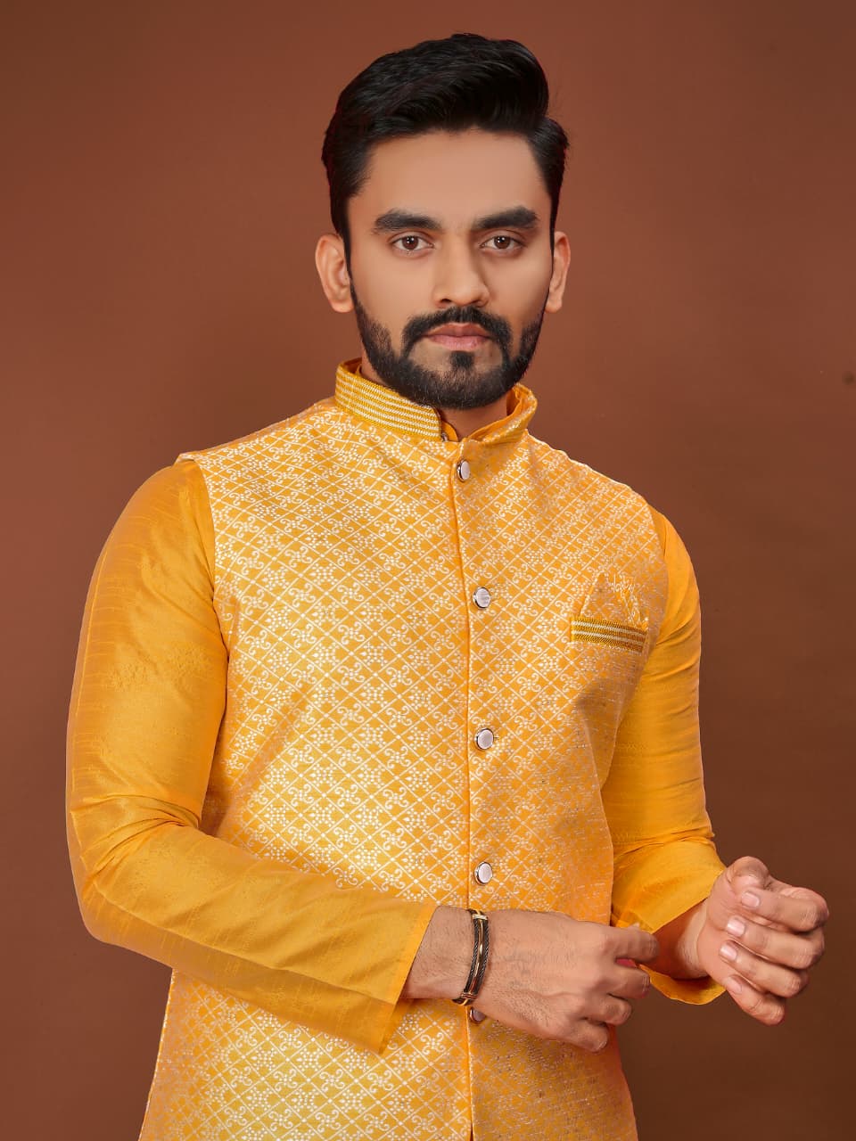 Anaita Yellow Jacquard Silk Straight Kurta With Koti & Pajama
