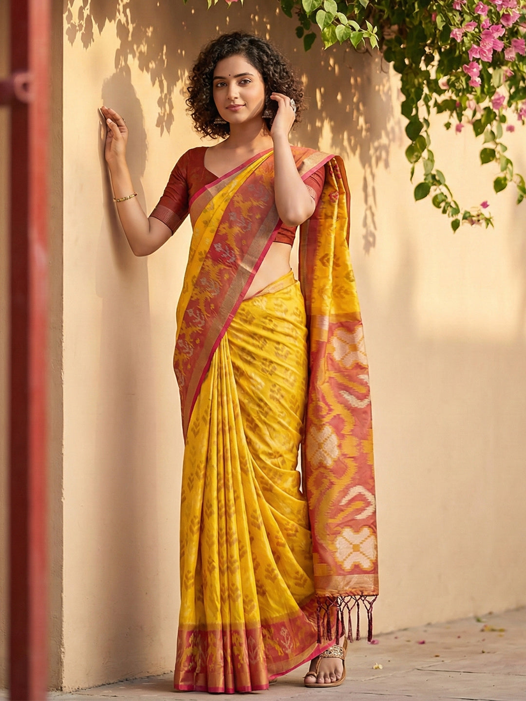 Anaita Yellow Pochampally Printed Saree With Blouse - Distacart