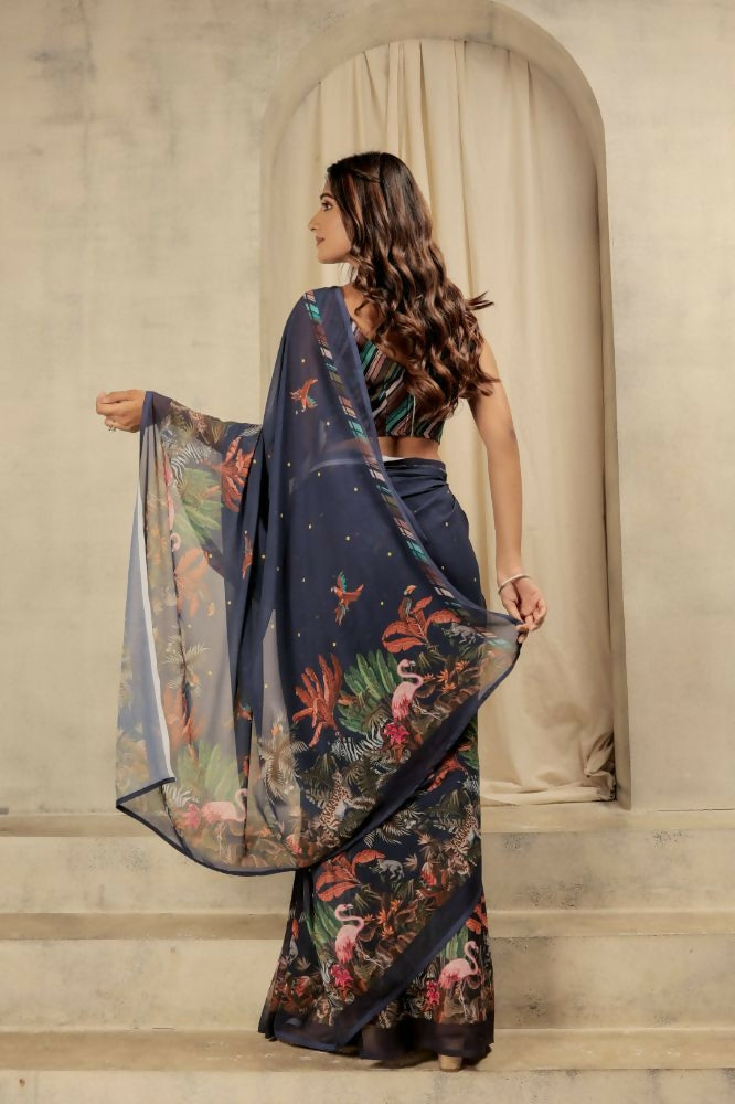 Navy Blue Georgette Designer Printed Party Wear Saree - Cinderella