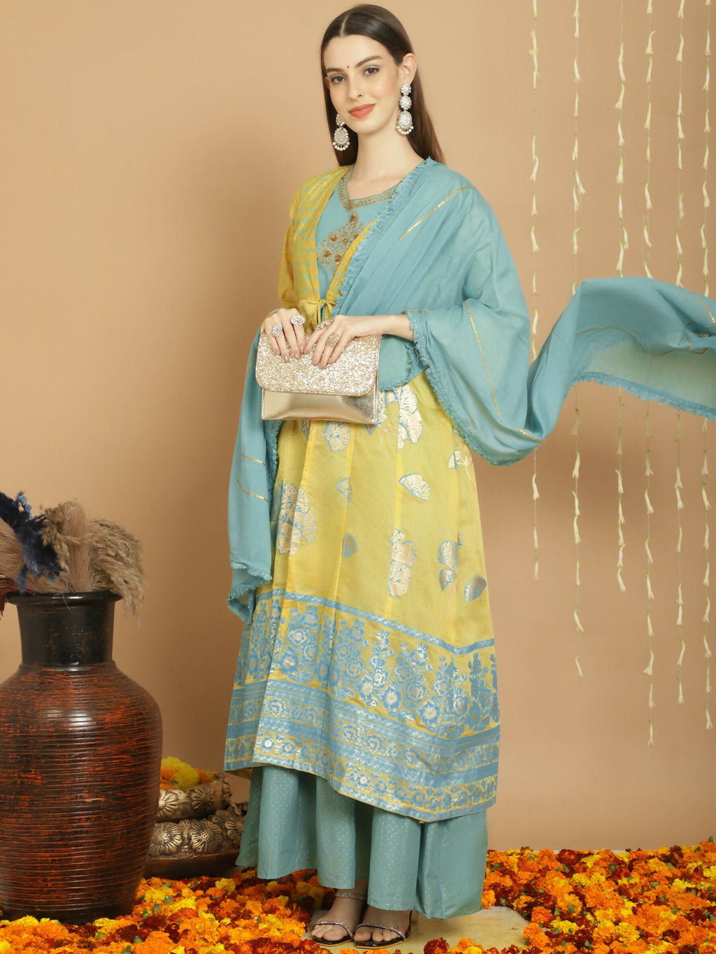Jyoti Fashion Women's Yellow Chanderi Silk Elegant Jardoshi Kurta with Trouser & Dupatta