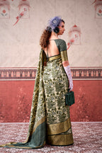 Vastranavya Mehendi Tussar Silk Printed with Viscose Border Saree & Unstitched Blouse - Distacart