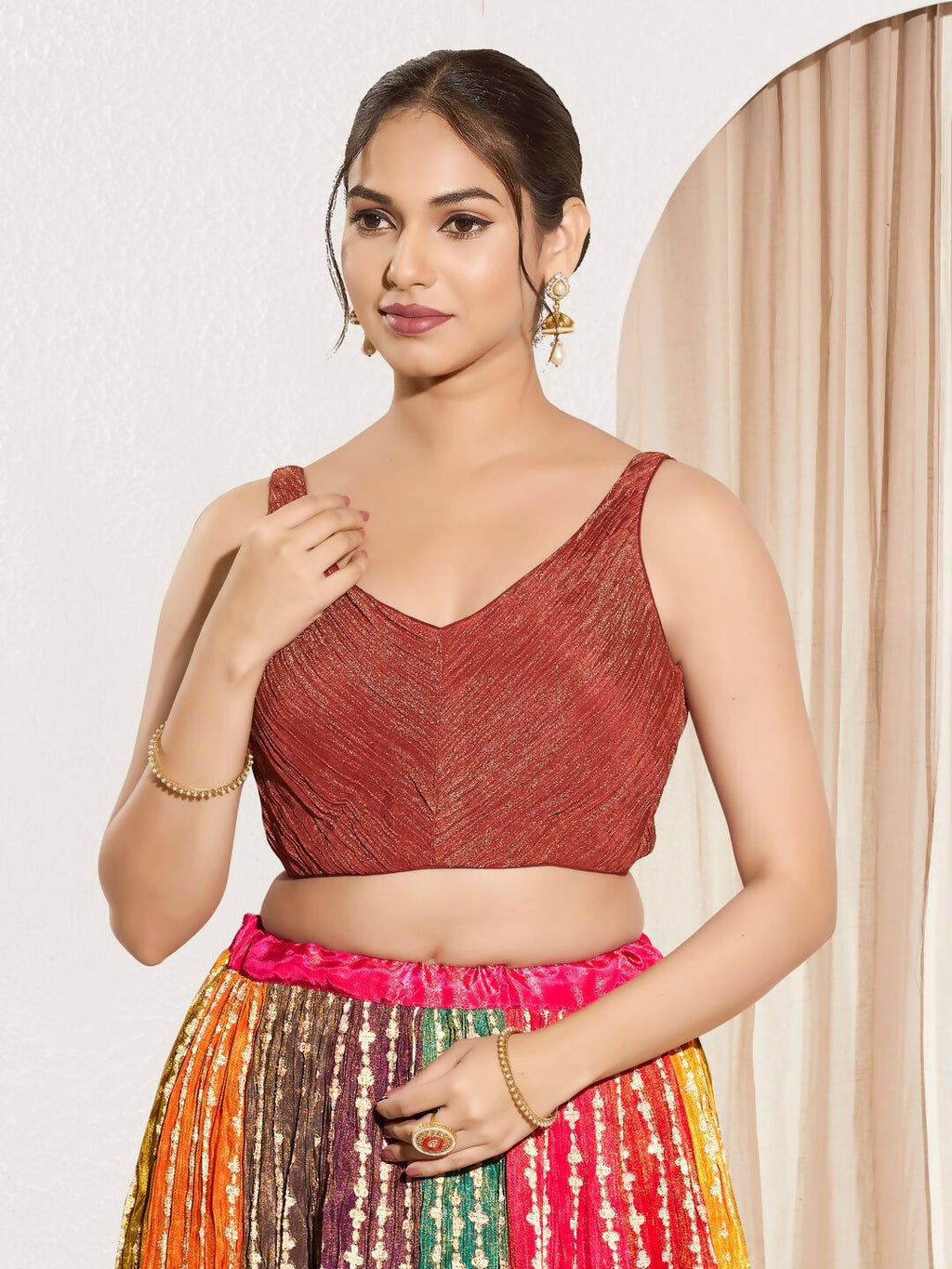Joban Fashion Rust Tissue Padded Blouse With Sweetheart Neck Sleeveless - Distacart
