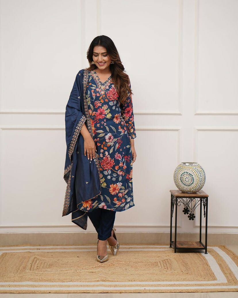 The52 Blue Women's Gorgeous Printed Pure Russian Silk Fabric Straight Kurta Pant with Dupatta Set - Distacart