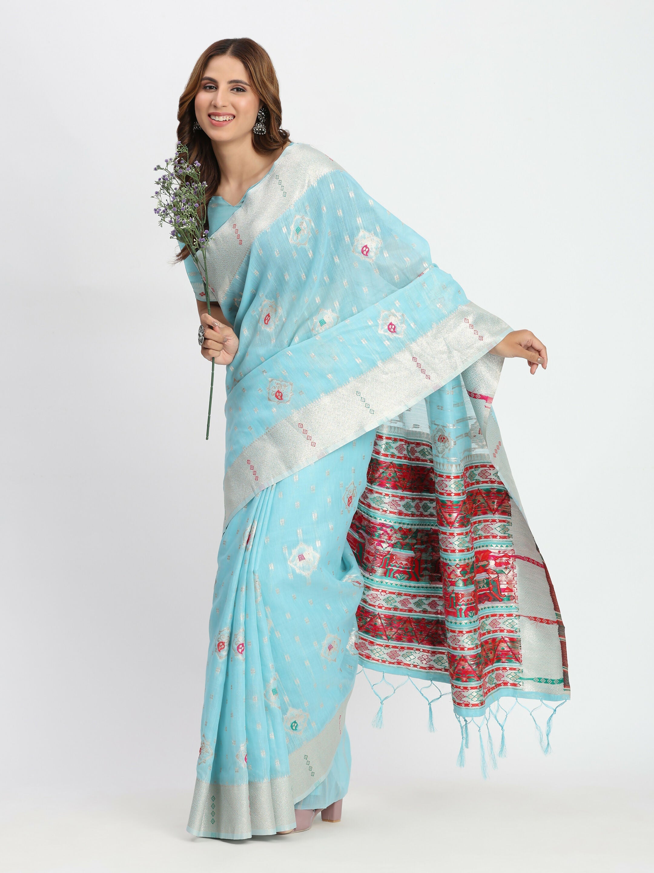 Shree Shyam Fashion Linen Cotton Sky Blue Saree - Distacart