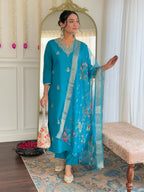 The52 Blue Women's Gorgeous Viscose Fabric Embroidered Work Straight Kurta, Pant and Dupatta Set - Distacart