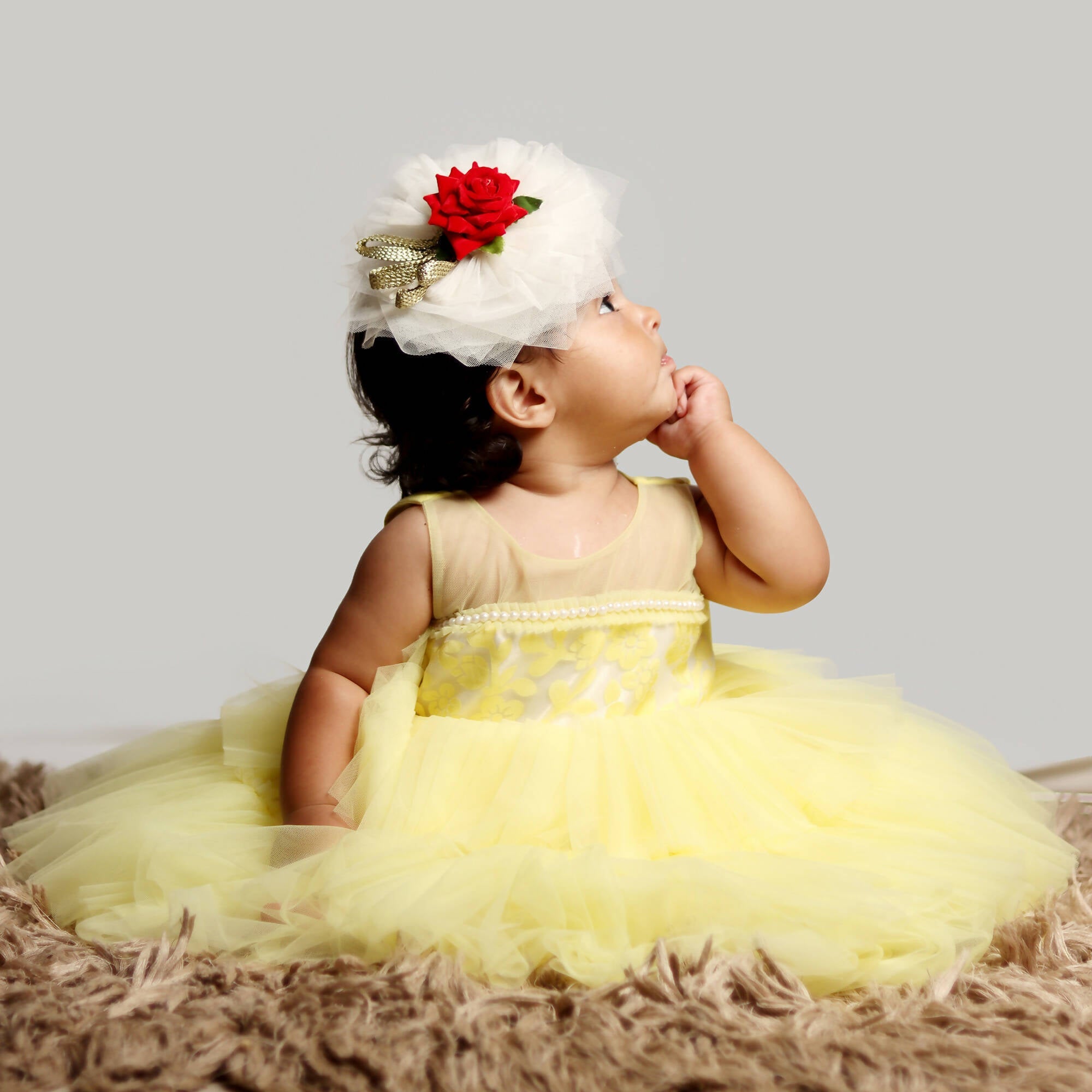 Pink Cow Fashions Yellow Gown With Organza Chest & Net Layer Ghera