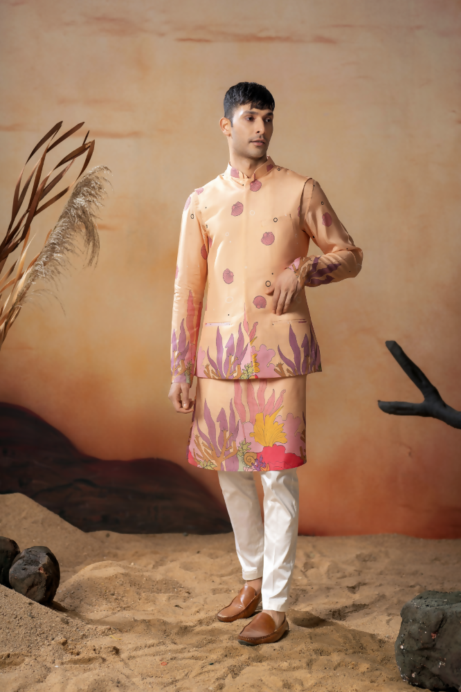 Coral Sunset Nehru Jacket Set by Hilo Design