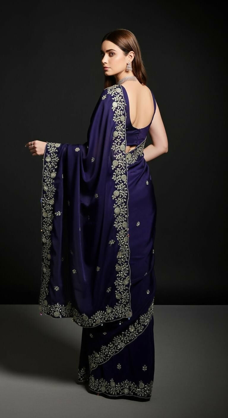 Joban Fashion Blue Fandy Satin Silk Party Wear Sarees - Distacart