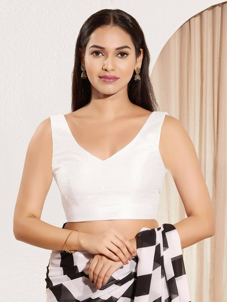 Joban Fashion White Mulberry Silk Padded Blouse With Round Neck Sleeveless