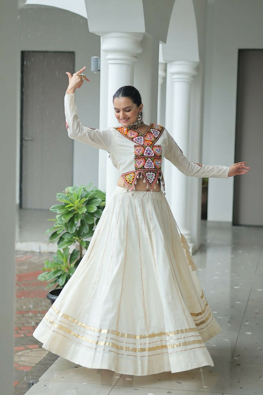 Teeya Creation Off White Colour Pure Cotton Embroidery Work Navratri Lehenga