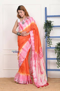 Very Much Indian Handmade Tie And Dye Cotton Saree By Women Weavers - Orange Pink - Distacart