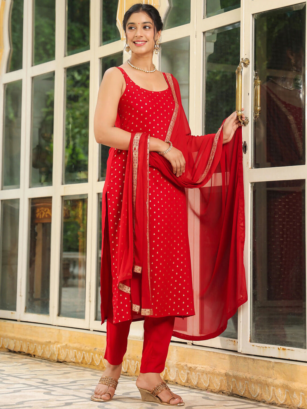 Janasya Maroon Rayon Foil Print Kurta,Bottom & Dupatta