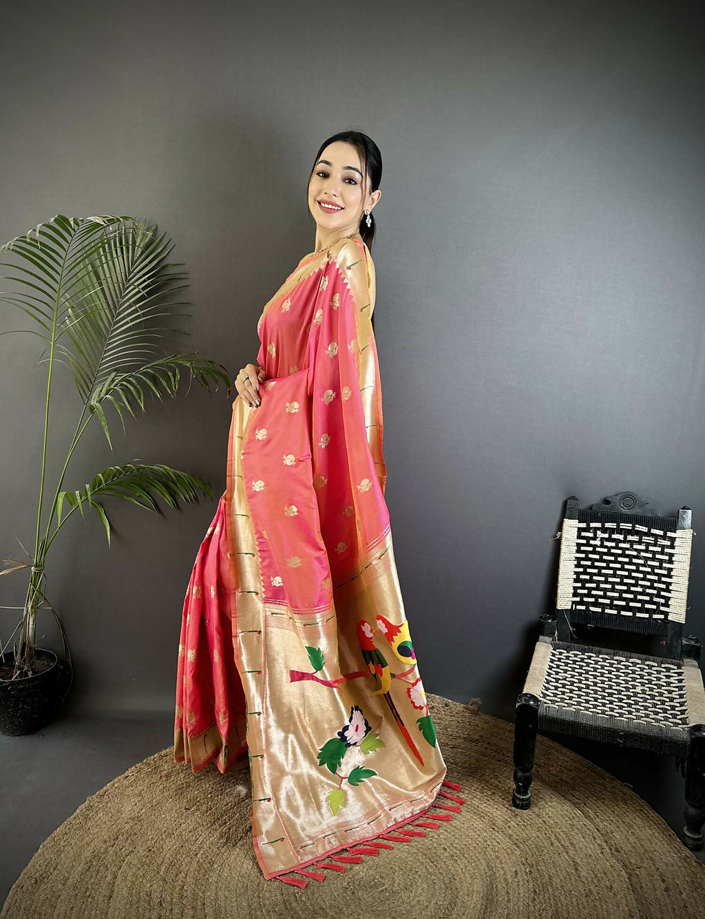 Joban Fashion Peach Peacock & Floral Motifs Soft Silk Kanchipuram Saree - Distacart
