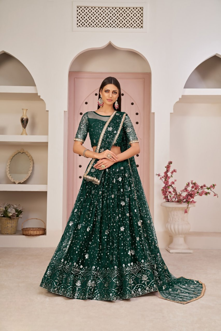 Eilara Women'S Green Butterfly Net Thread With Zari Sandwich Sequence Embroidered Work Lehenga Choli For Festivals