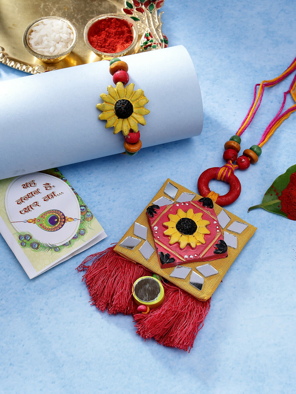 NVR Women & Men Set of 2 Red & Yellow Mirror Work Handcrafted Bhaiya Bhabi Rakhi With Roli Chawal & Chocolate - Distacart