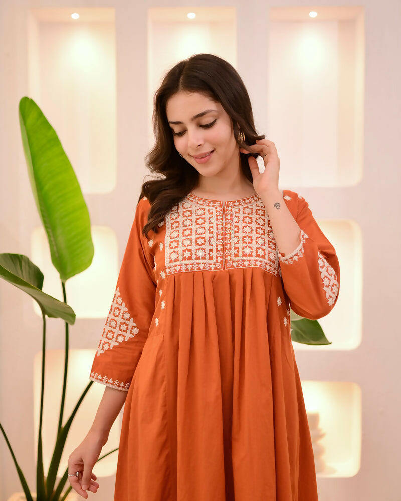 The52 Women's Beautiful Viscose Rayon Fabric Thread Work Flared Kurta Pant Set - Distacart
