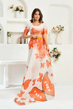 Vastranavya White Orange Digital Printed Linen Ready To Wear Designer Saree with Unstitched Blouse - Distacart