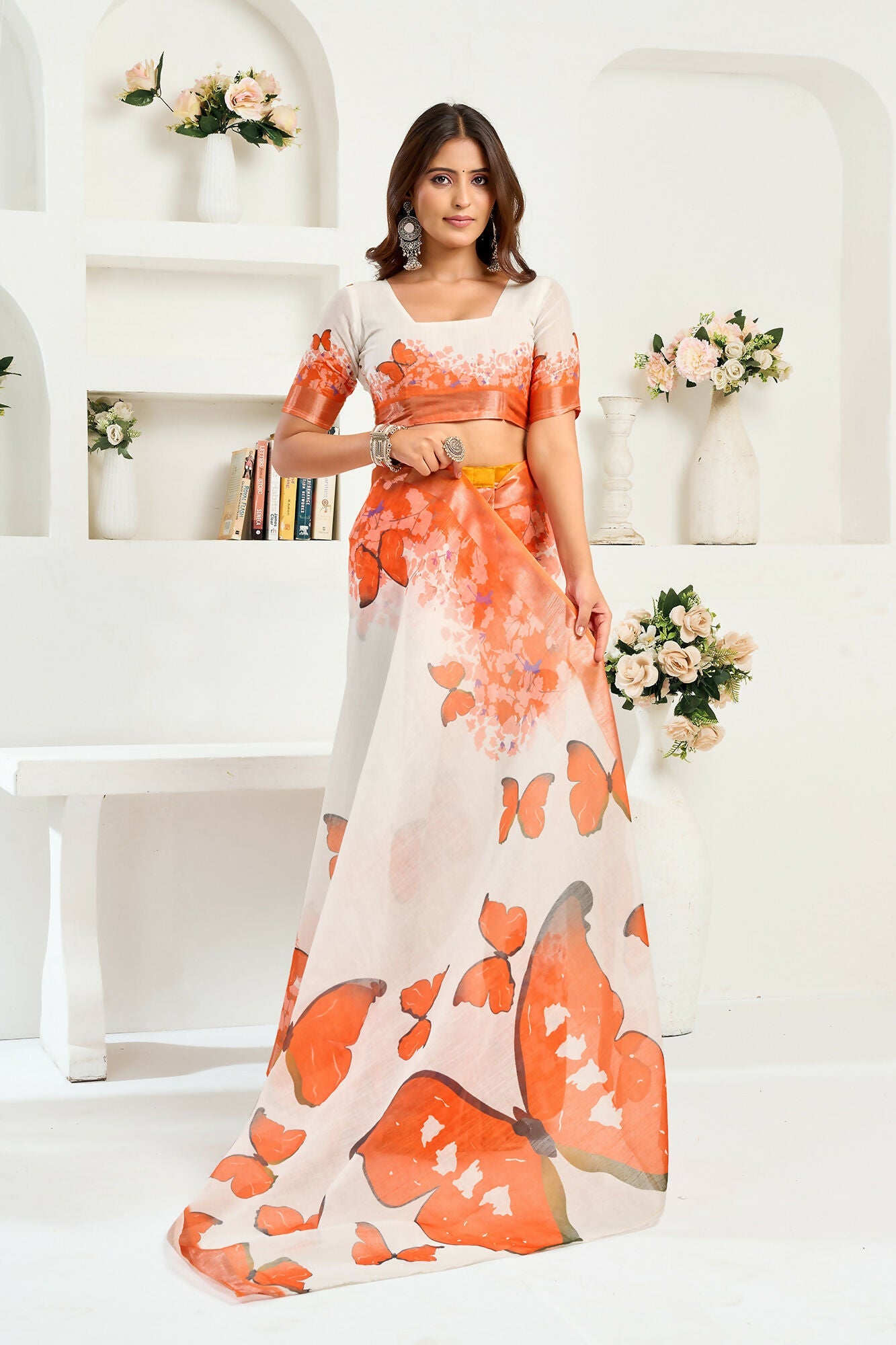 Vastranavya White Orange Digital Printed Linen Ready To Wear Designer Saree with Unstitched Blouse - Distacart