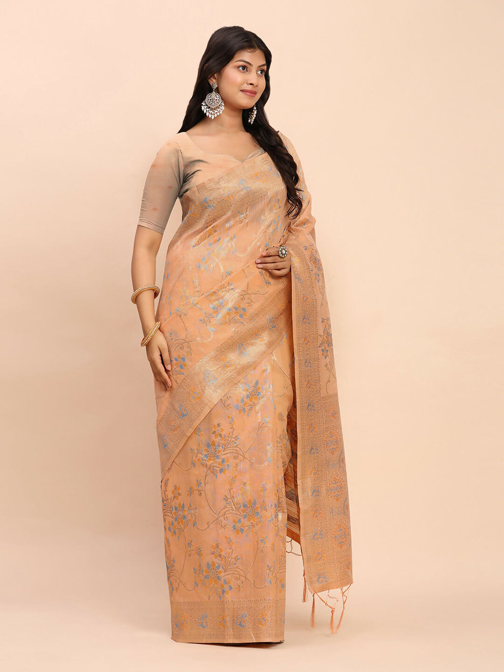 Shree Shyam Fashion Linen Cotton Orange Saree - Distacart