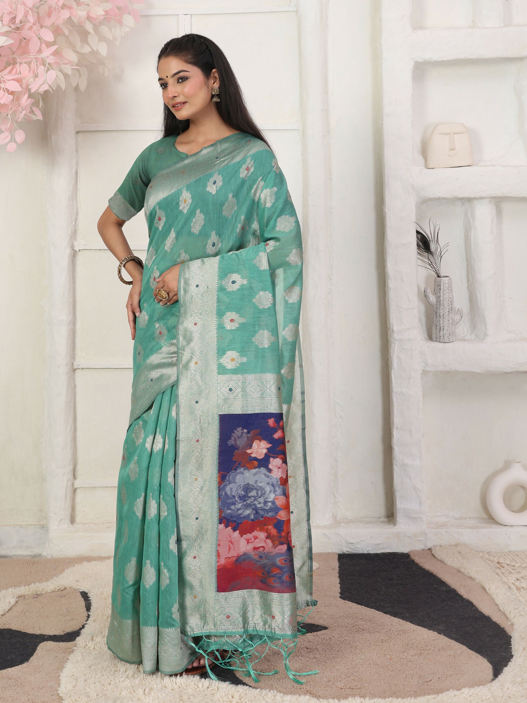 Shree Shyam Fashion Linen Cotton Rama Green Saree - Distacart