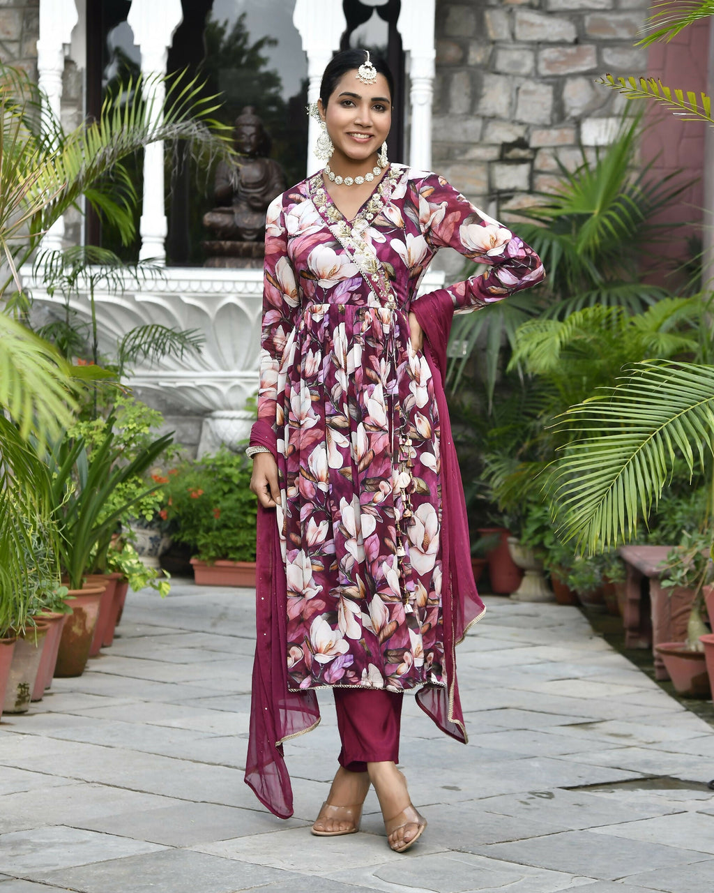 Vaasva Women's Chinon Emboidered Angrakha Anarkali Set With Solid Pant & Solid Embroidered Dupatta