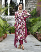 Vaasva Women's Chinon Emboidered Angrakha Anarkali Set With Solid Pant & Solid Embroidered Dupatta
