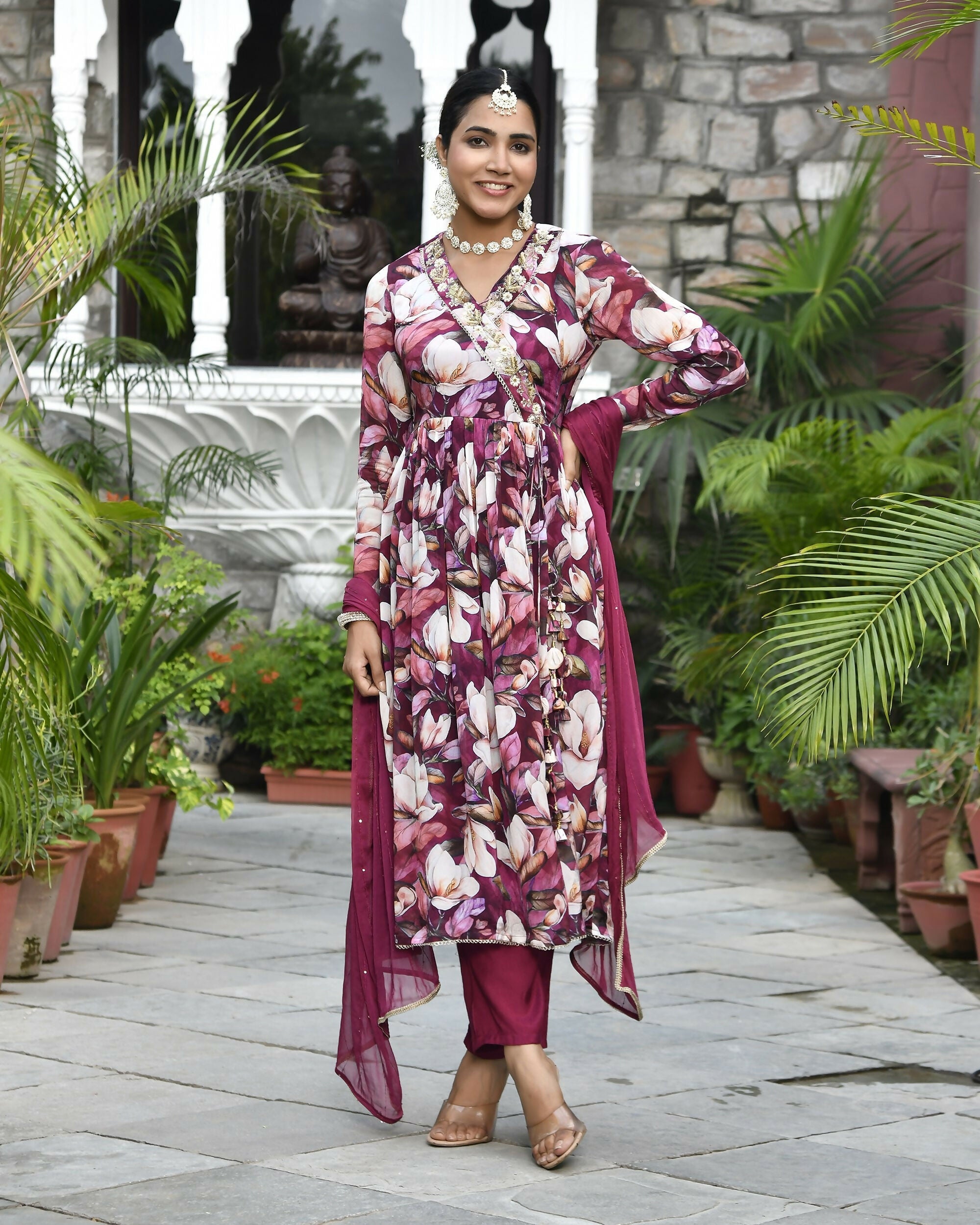 Vaasva Women's Chinon Emboidered Angrakha Anarkali Set With Solid Pant & Solid Embroidered Dupatta