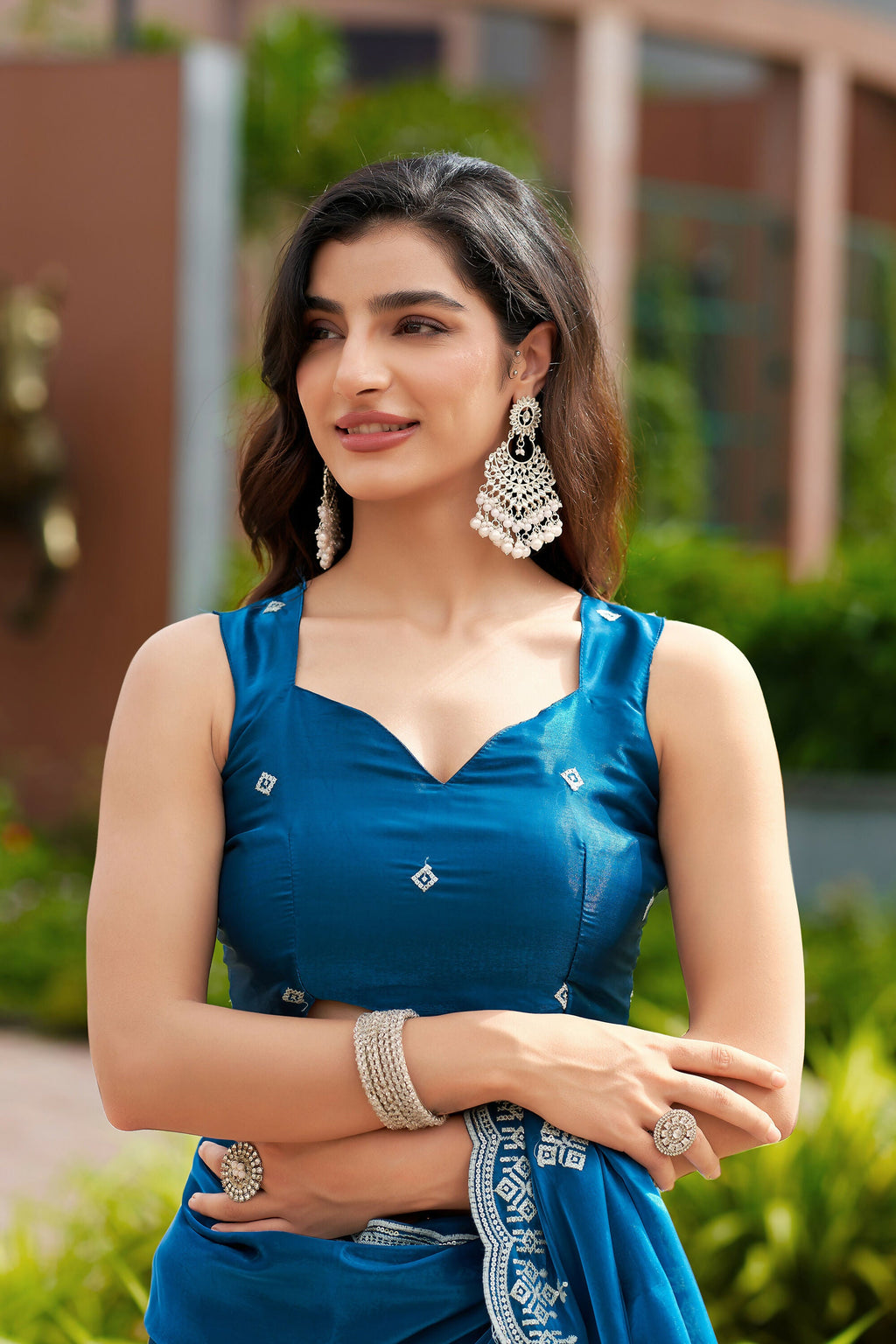 Vastranavya Firozi Embroidery Work Shimmer Chiffon Saree with Unstitched Blouse - Distacart