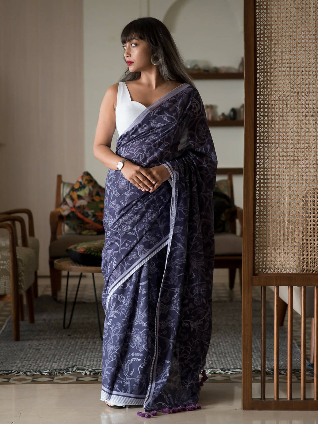 Suta Purple Floral Pure Cotton Saree - Distacart