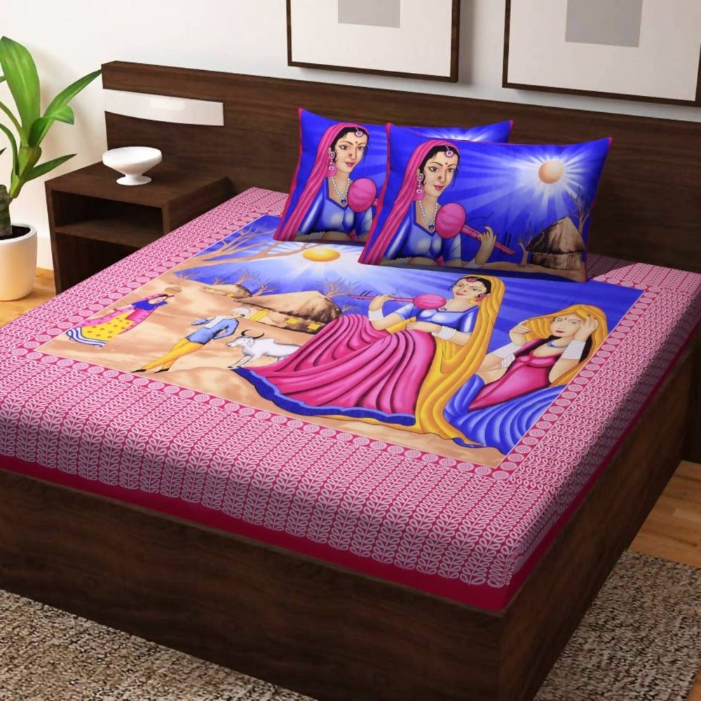 Vamika Printed Cotton Veena Red Bedsheet With Pillow Covers (PM Veena Red)