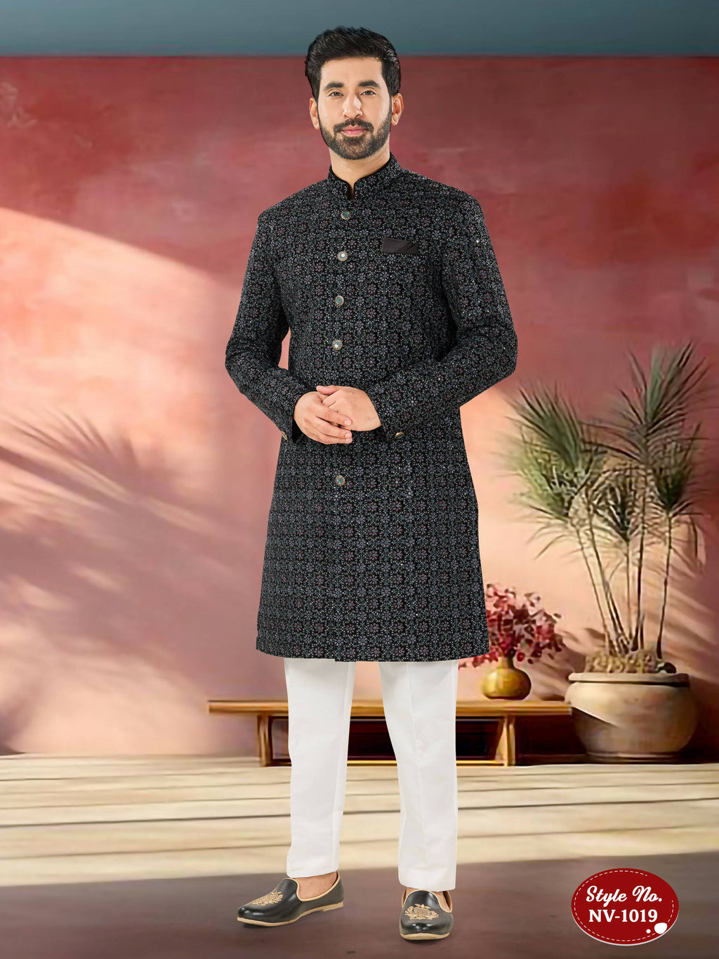 Joban Fashion Men's Blue Base Straight Velvet Thread And Sequence Embroidary All Over Indo-Western Kurta Set