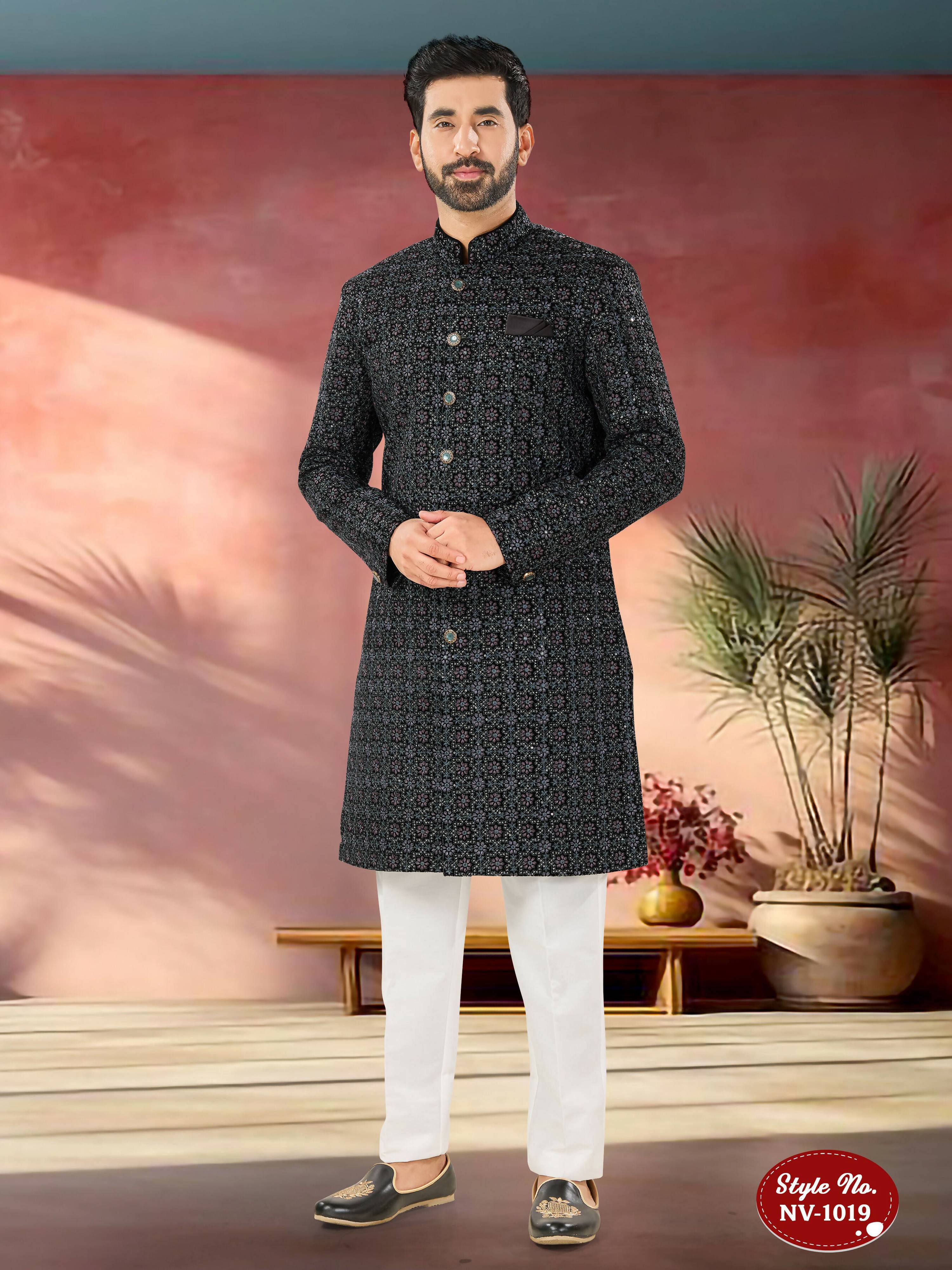 Joban Fashion Men's Blue Base Straight Velvet Thread And Sequence Embroidary All Over Indo-Western Kurta Set