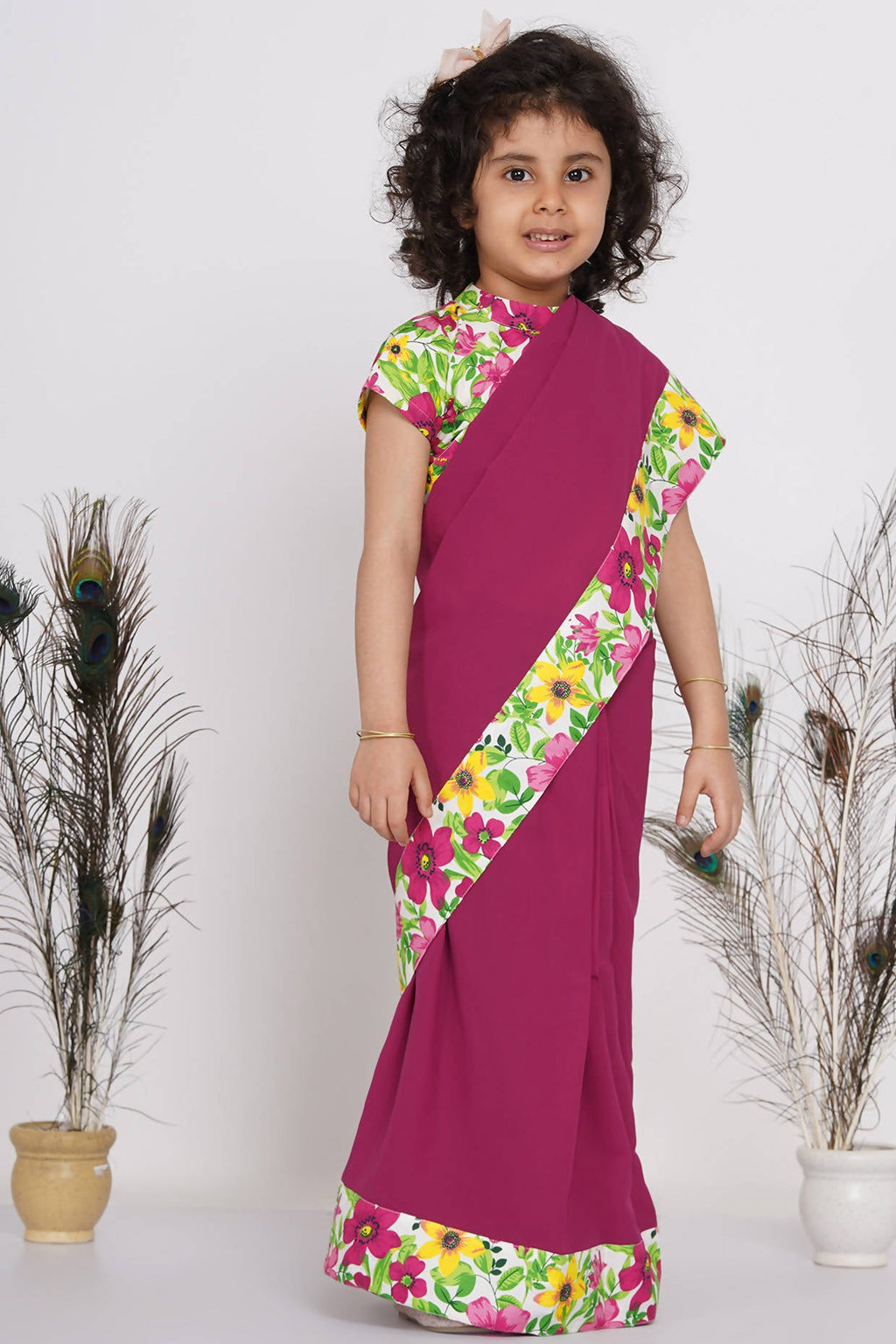 Little Bansi Girls Floral Print Ready to Wear Saree and Floral Blouse - Magenta