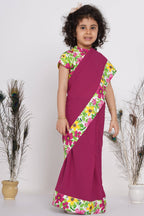 Little Bansi Girls Floral Print Ready to Wear Saree and Floral Blouse - Magenta